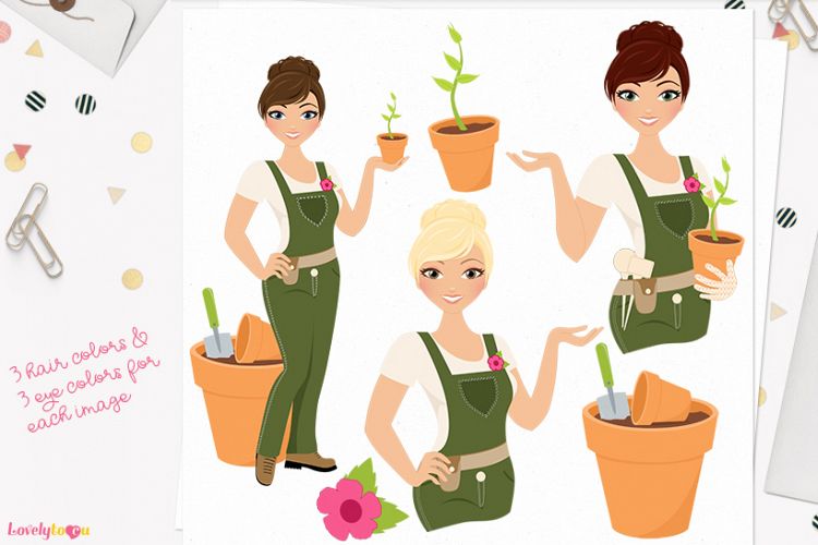 Gardening woman character clip art (L289 Carly)