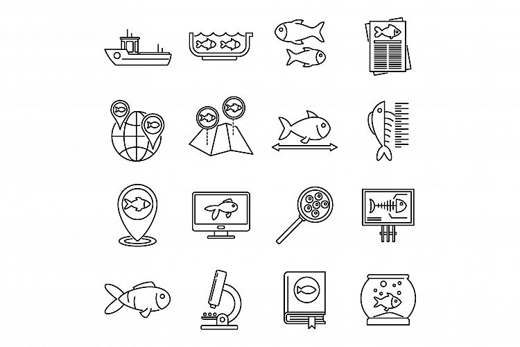Ichthyology fish icons set, outline style