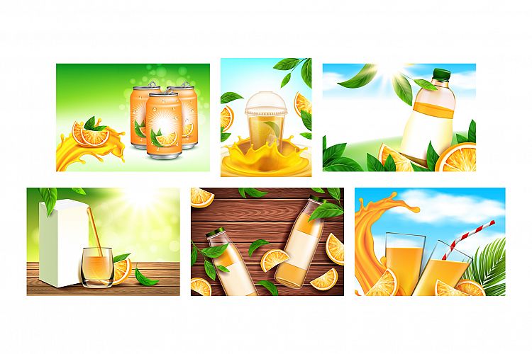 Orange Juice Creative Promotion Posters Set Vector example image 1