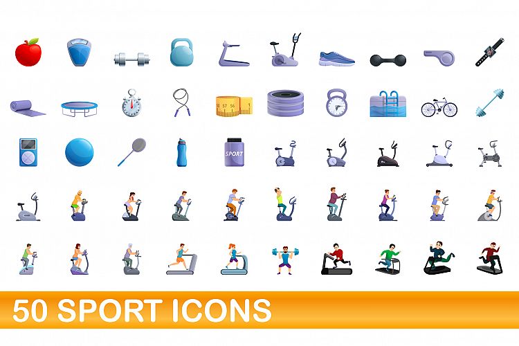 50 sport icons set, cartoon style example image 1