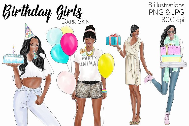 Watercolour fashion illustration clipart - Birthday girls - Dark Skin