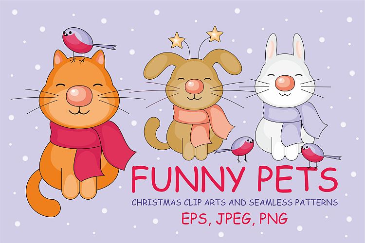 Funny pets. Christmas clip arts and seamless patterns.