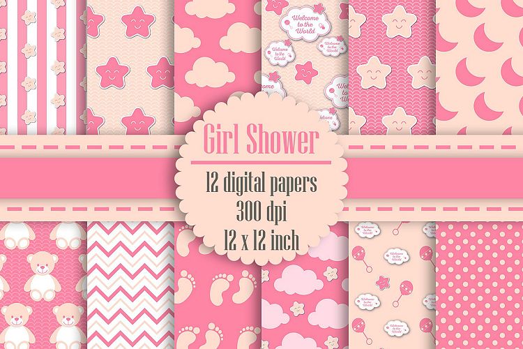 12 Pink and Cream Baby Girl Shower Digital Papers
