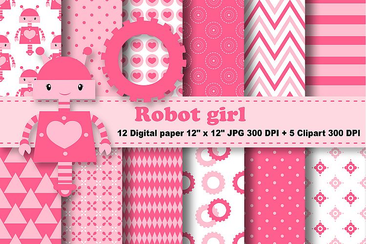 Robot Digital Paper, Robot Girl Digital Paper, Girls Background, Baby Girl Pattern, Gears Background, Scrapbook Papers, Robot Clipart.