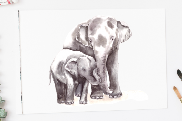 Watercolor Mother & Baby - Elephants - Clip Art & Print