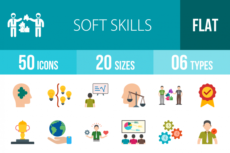 50 Soft Skills Flat Multicolor Icons