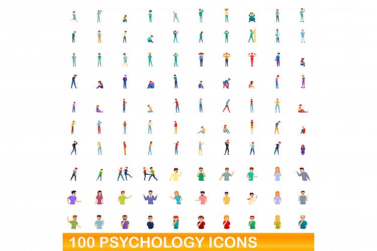 100 psychology icons set, cartoon style example image 1
