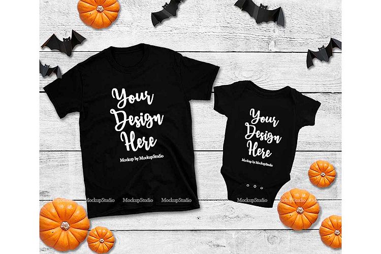 Halloween Family Matching Black T-Shirt Baby Bodysuit Mockup