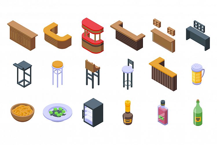 Bar counter icons set, isometric style example image 1