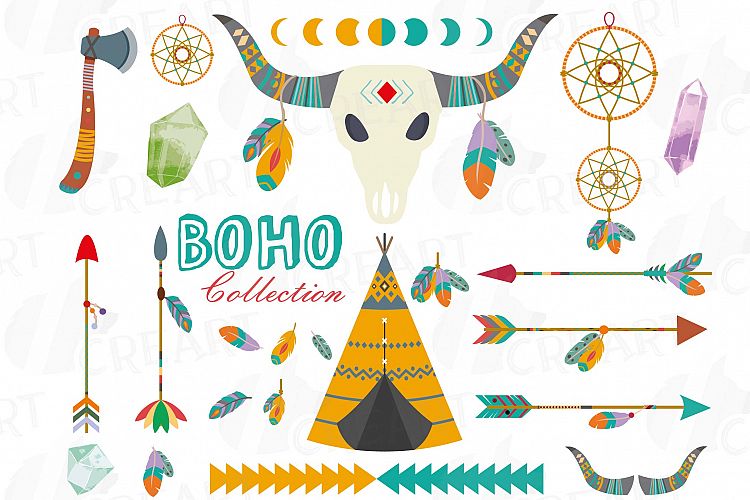 Tribal clip art collection, BOHO clip art, Bohemian dreamcatcher, feathers, arrows, tipi, bull skull. Svg, eps, dxf, png AI vector files