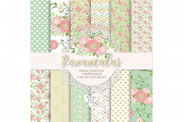 Watercolor Ranunculus flowers digital paper
