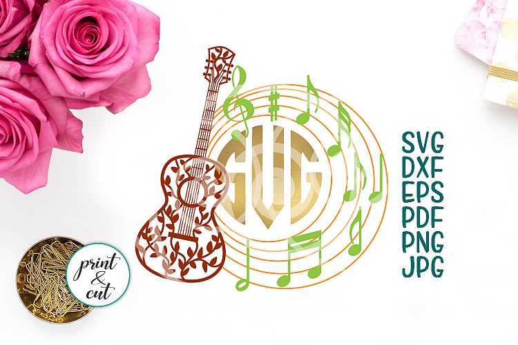 Floral guitar circle monogram layered file for cut or print