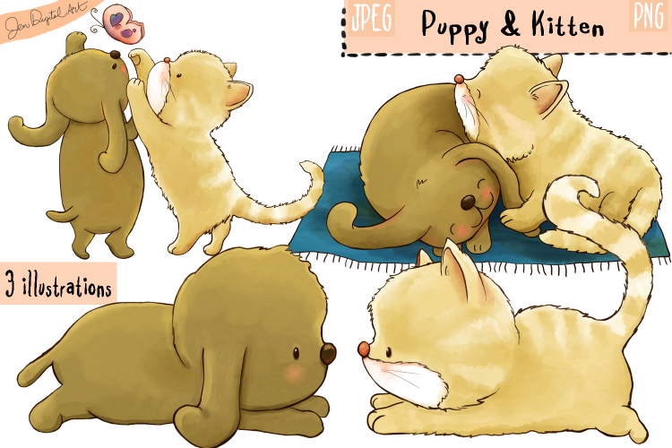 Puppy And Kitten | Clip art illustrations | PNG/JPEG