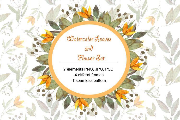 Watercolor Leaves and Flower Set