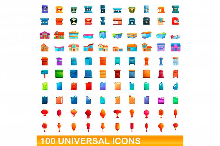 100 universal icons set, cartoon style