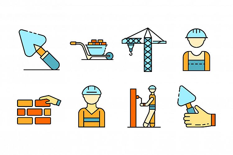 Masonry worker icons set line color vector example image 1