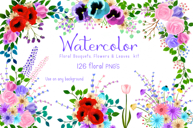 Watercolor Floral Bouquet, Flowers & Leaves Kit
