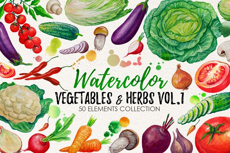 Watercolor Vegetables, Herbs