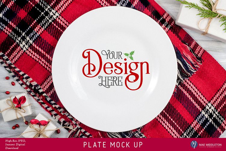 Plate Mock up for Christmas, Holiday styled stock photo