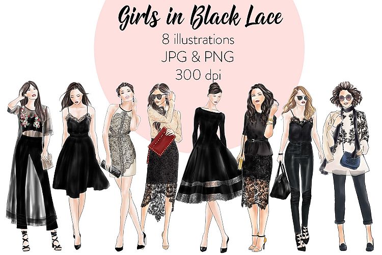 Girls in Black Lace watercolour fashion illustration clipart