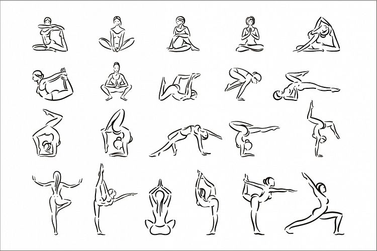 Set of yoga pose woman silhouettes in a linear sketch style.