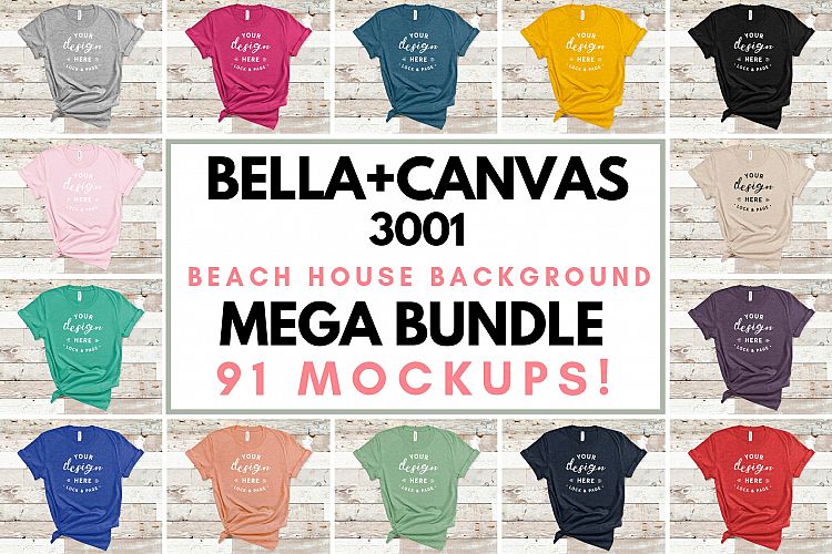 Bella Canvas 3001 Mockup T-Shirt Bundle All Colors On Wood