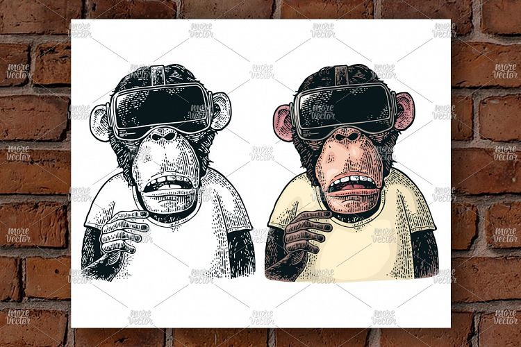 Monkey wearing virtual reality headset. Engraving