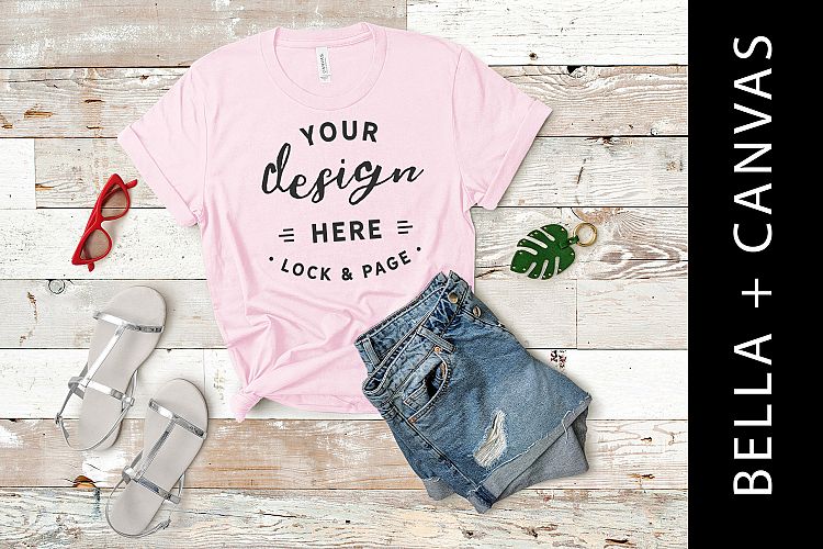Pink Bella Canvas 3001 T Shirt Mockup Girls Fashion Flat Lay