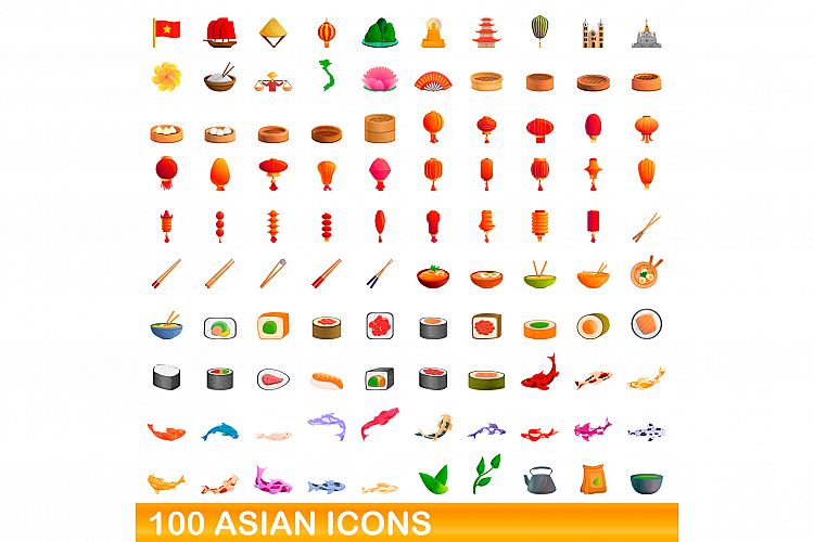 100 asian icons set, cartoon style