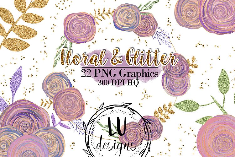 Floral and Glitter Clipart, Purple Flowers Graphics