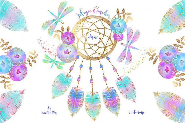 Dream catcher clip art, digital watercolor clipart, feathers with gold confetti, flowers, dragonflies, Translucent and neon effects, magic