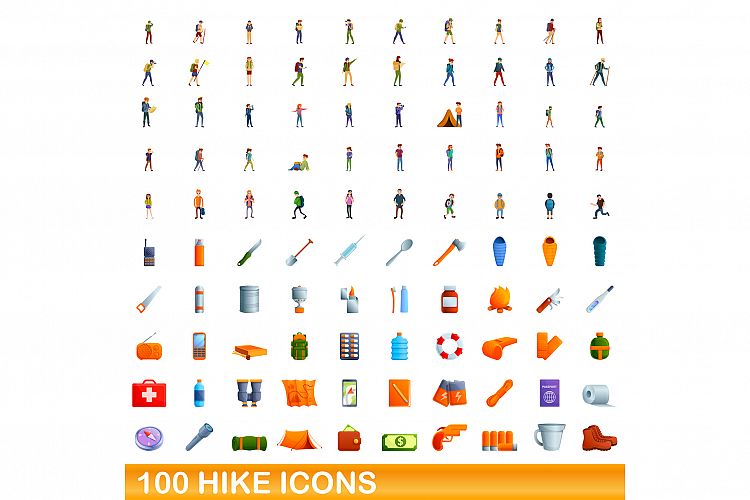 100 hike icons set, cartoon style example image 1