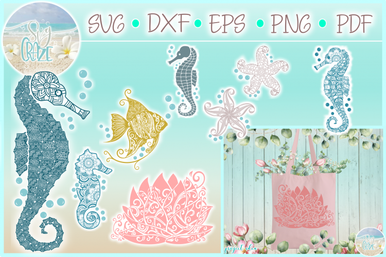 Download Sea Life Mandala Zentangle Bundle in SVG Dxf Eps PNG files