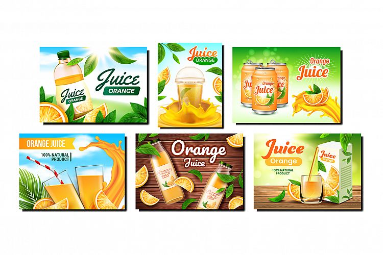 Orange Juice Creative Promotion Posters Set Vector example image 1