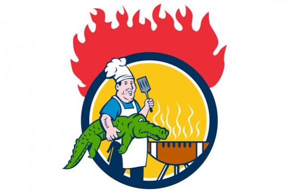 Chef Alligator Spatula BBQ Grill Fire Circle Cartoon example image 1
