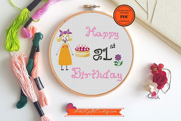 Cute 21st birthday gift. Cross stitch pattern PDF birthday