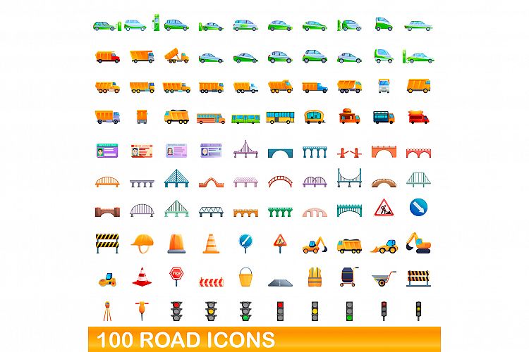 100 road icons set, cartoon style example image 1