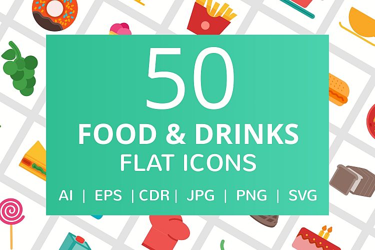 50 Food & Drinks Flat Multicolor Icons 