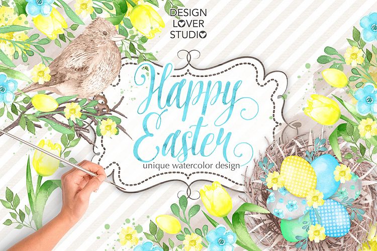 Watercolor HAPPY EASTER yellow design example image 1