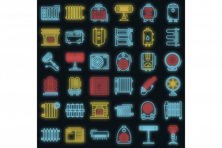 Electric heater icon set vector neon example image 1