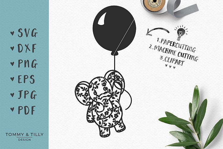 Flower Elephant with Balloon - SVG DXF PNG EPS JPG PDF Cut