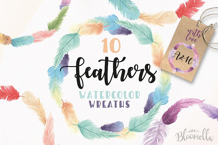 10 Watercolor Feathers Wreaths Garlands Clipart Pretty Mix