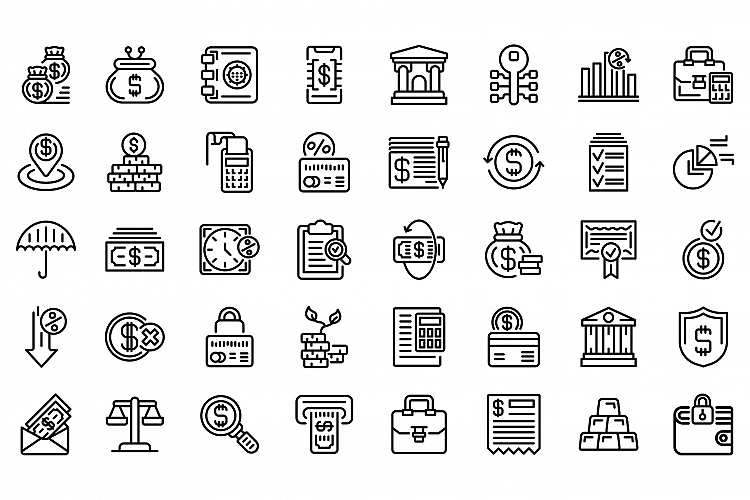 Bank icons set, outline style
