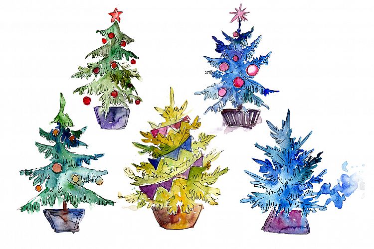 Green christmas tree PNG watercolor set