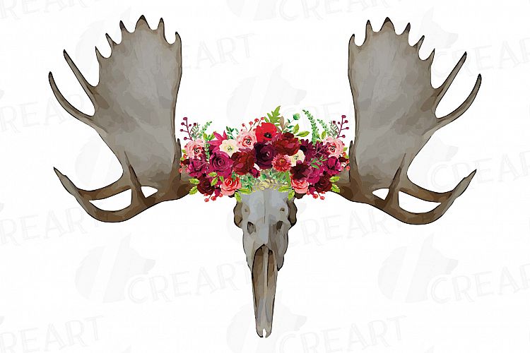 Floral Moose Skull watercolor clip art, Indian Tribal Moose