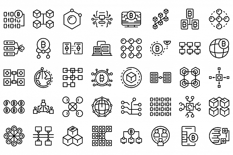 Block chain icons set, outline style example image 1