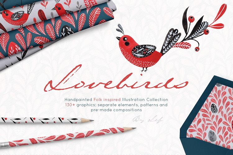 Lovebirds folk art bird illustrated collection