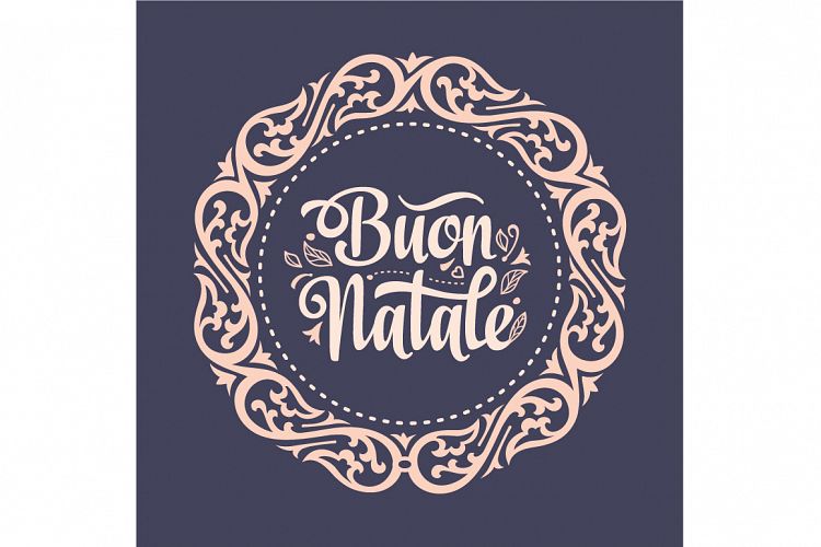 Buon Natale. Christmas template. Greeting card. Winter holiday in Italy. Congratulation on Italian. Vintage style.