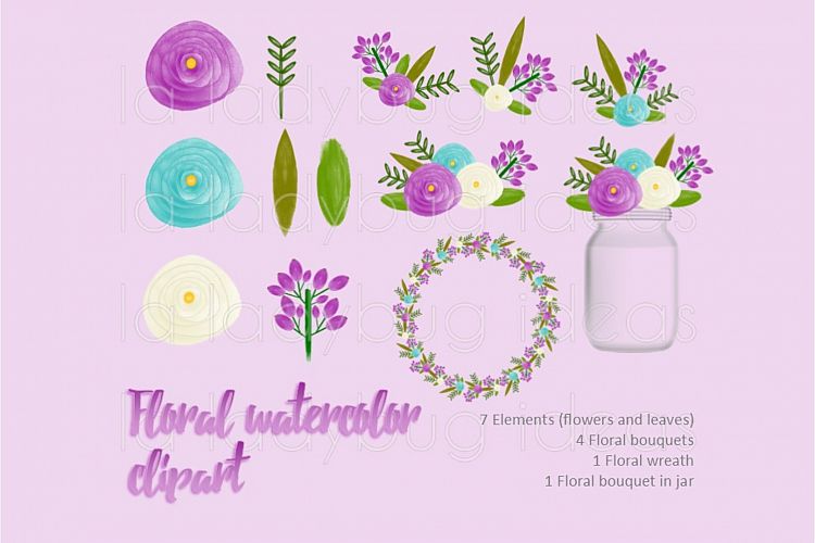 Purple and turquoise floral watercolor clip art collection. 