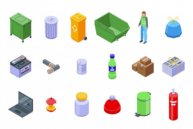 Waste icons set, isometric style example image 1